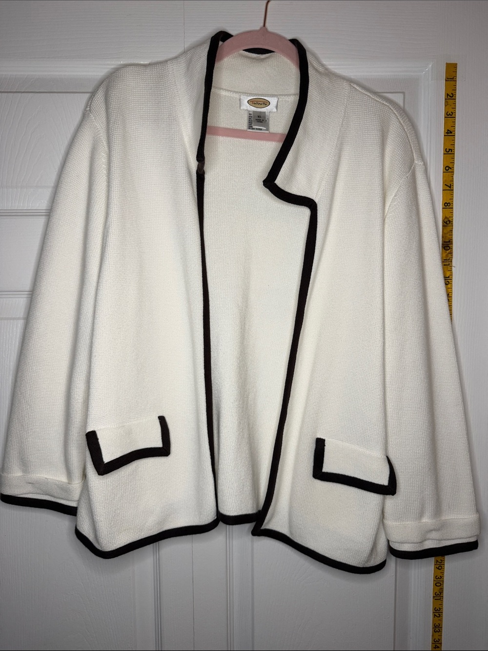 Talbots Cream Open-Front Jacket with Black Trim